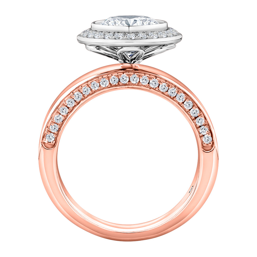 Lab-Grown Simulant, 2.37 carat*TW round brilliant halo ring in 10 carat rose and white gold