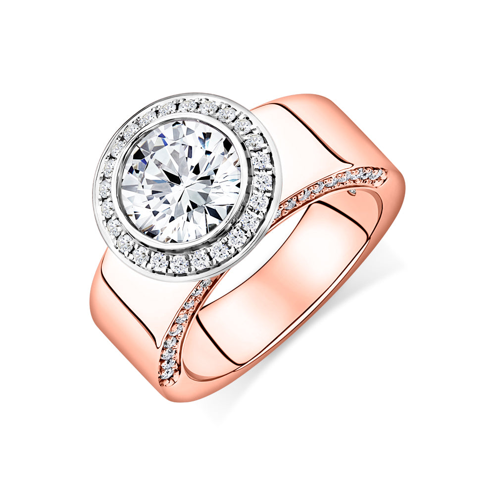 Lab-Grown Simulant, 2.37 carat*TW round brilliant halo ring in 10 carat rose and white gold