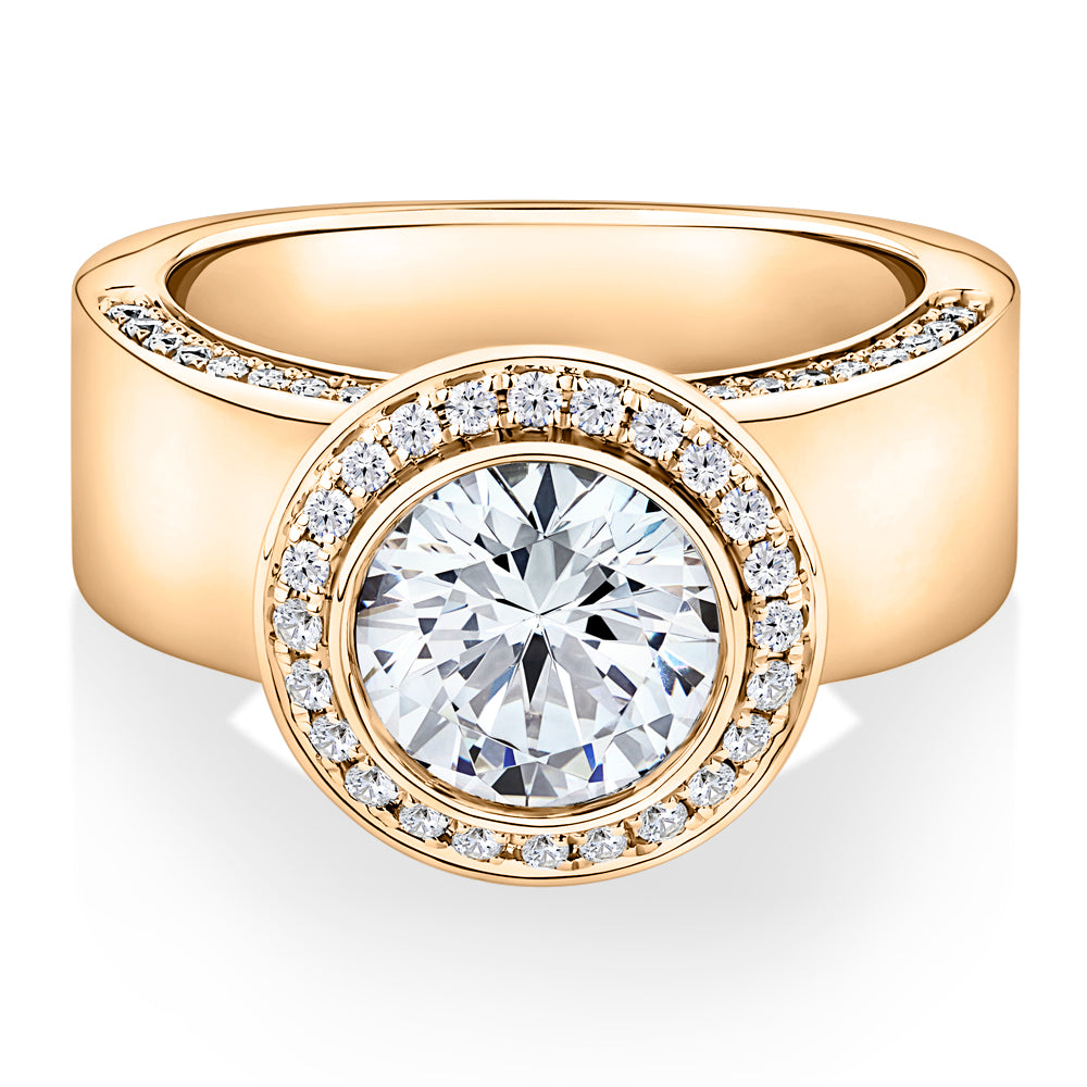 Lab-Grown Simulant, 2.37 carat*TW round brilliant halo ring in 10 carat yellow gold