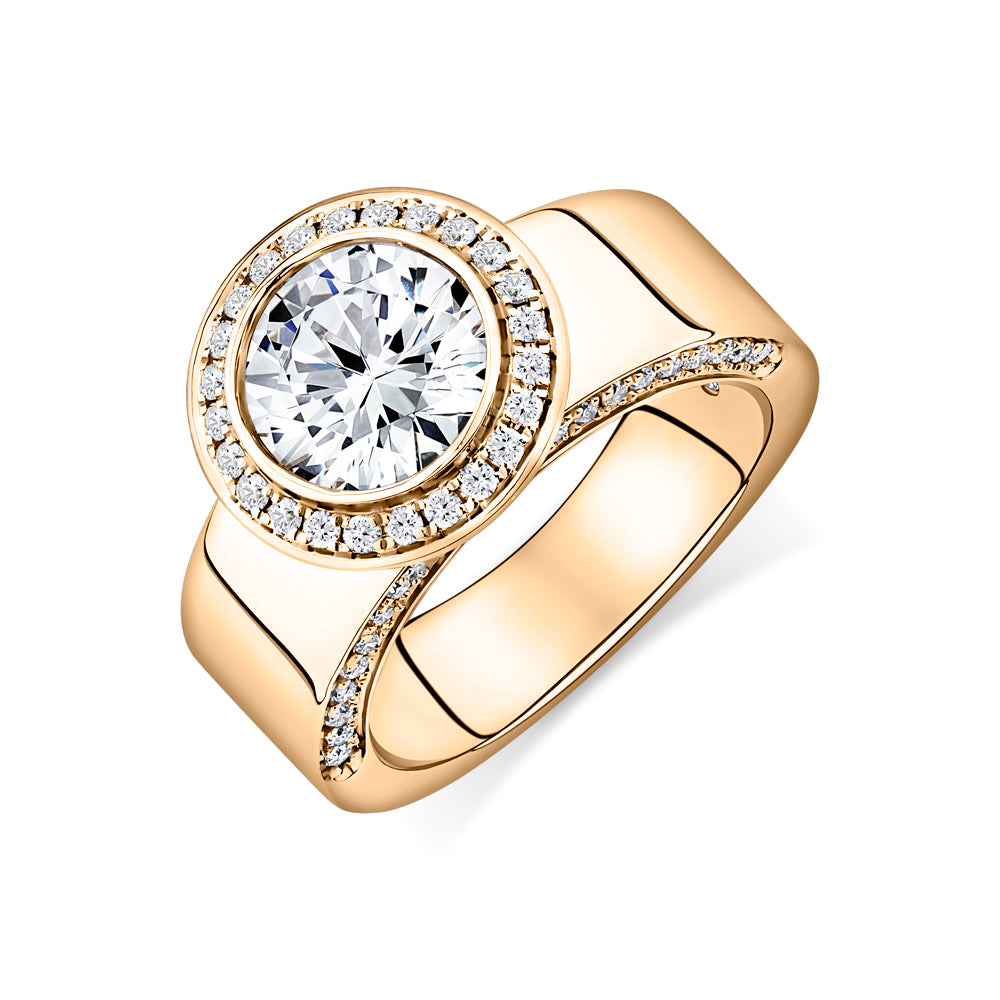 Lab-Grown Simulant, 2.37 carat*TW round brilliant halo ring in 10 carat yellow gold