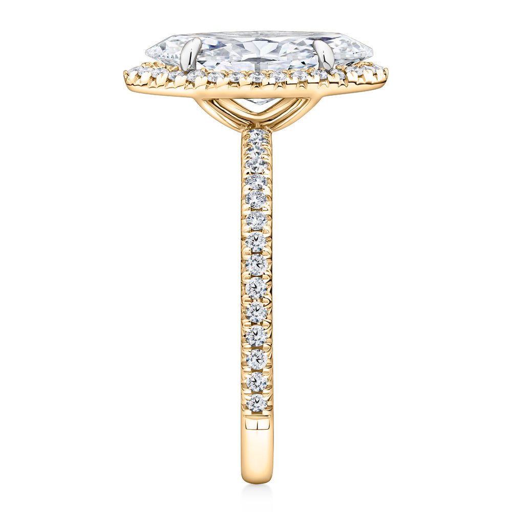 Lab-Grown Simulant, 2.36 carat*TW marquise and round brilliant halo ring in 10 carat yellow and white gold