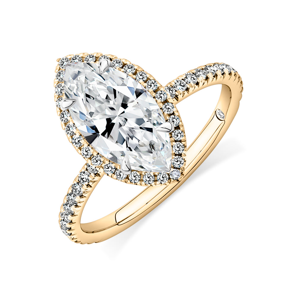 Lab-Grown Simulant, 2.36 carat*TW marquise and round brilliant halo ring in 10 carat yellow and white gold