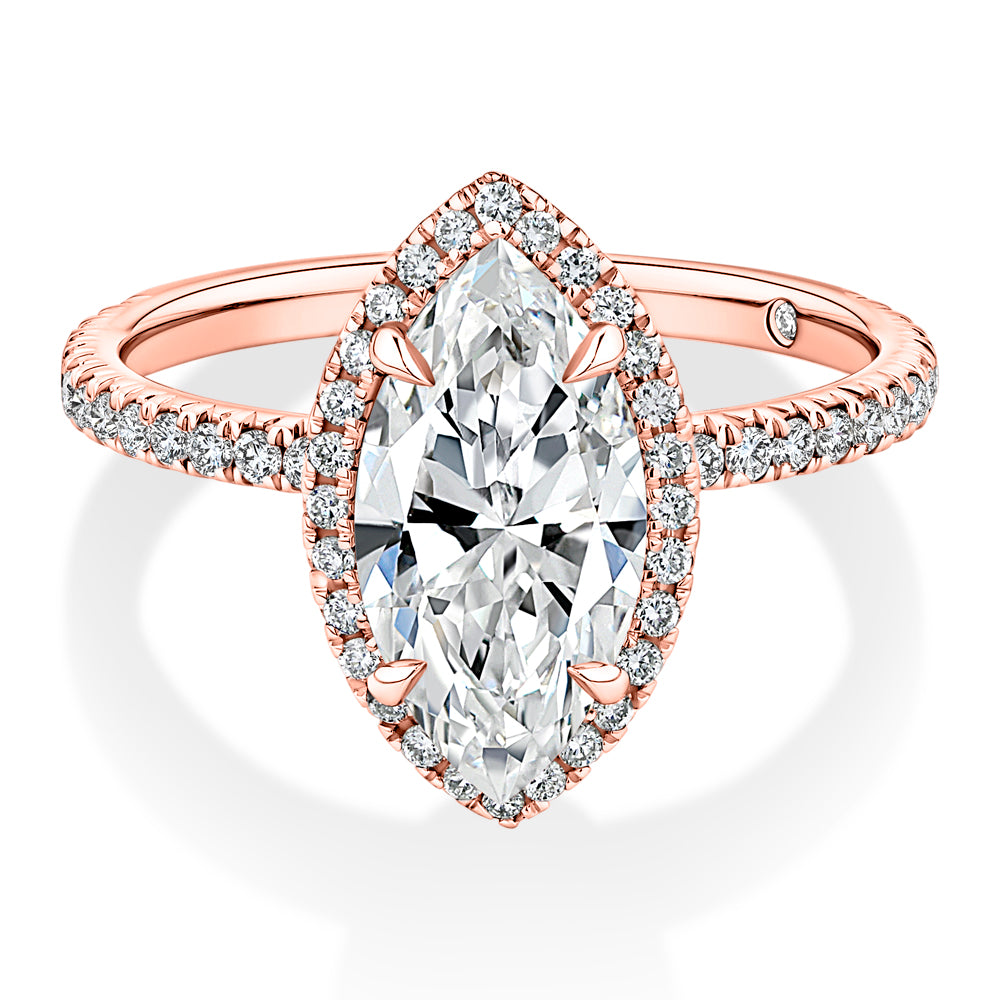 Lab-Grown Simulant, 2.36 carat*TW marquise and round brilliant halo ring in 10 carat rose gold