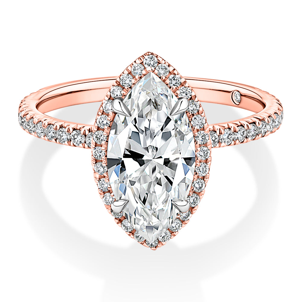 Lab-Grown Simulant, 2.36 carat*TW marquise and round brilliant halo ring in 10 carat rose and white gold