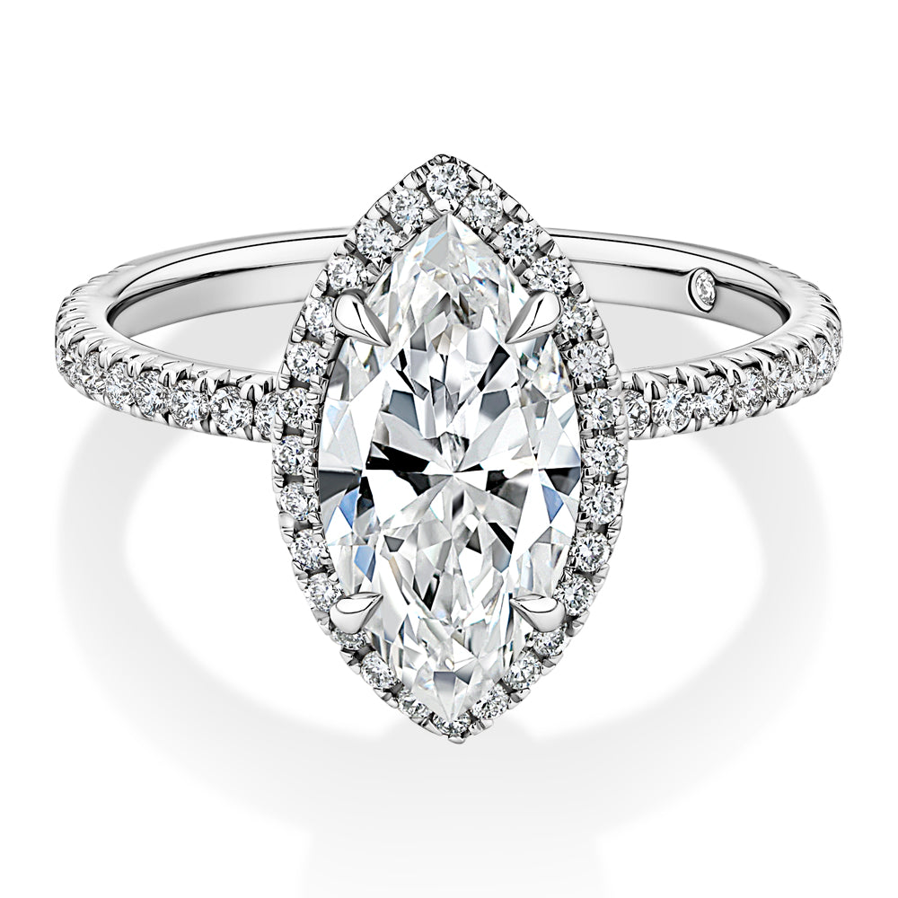 Lab-Grown Simulant, 2.36 carat*TW marquise and round brilliant halo ring in 10 carat white gold