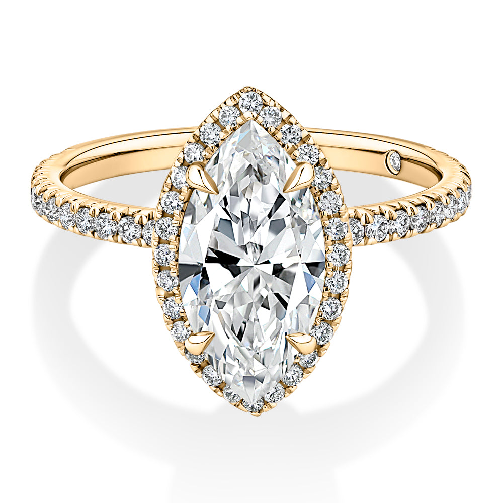 Lab-Grown Simulant, 2.36 carat*TW marquise and round brilliant halo ring in 10 carat yellow gold