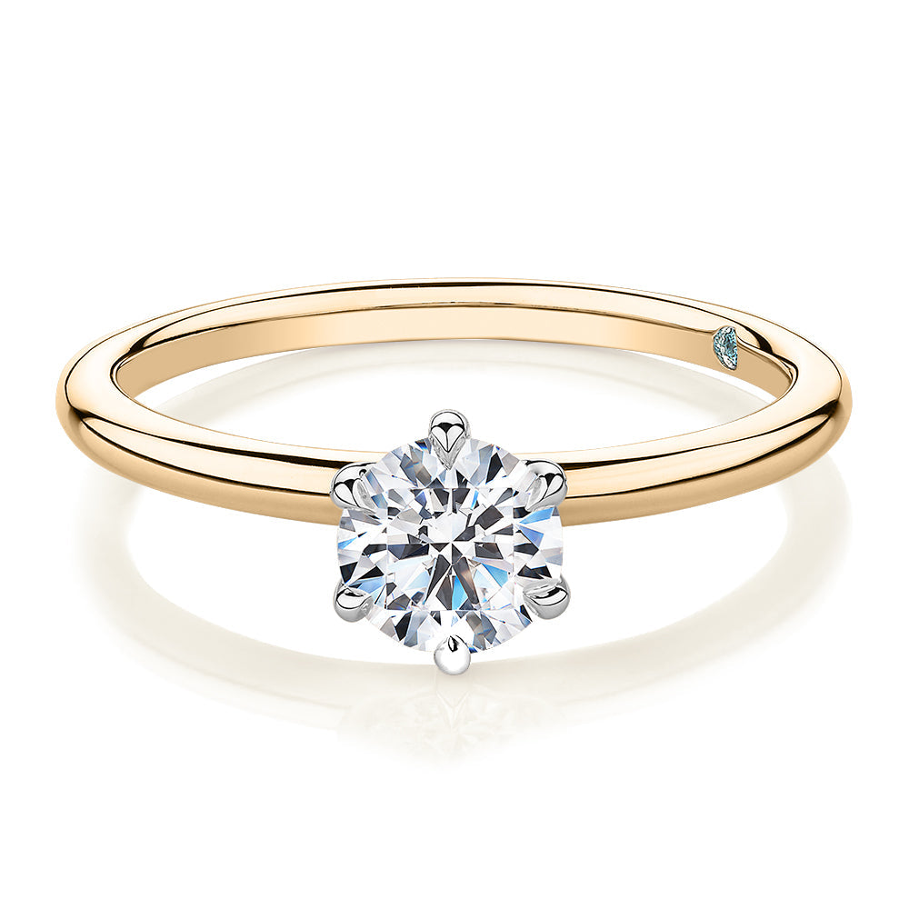 Premium Certified Laboratory Created Diamond, 0.70 carat round brilliant solitaire engagement ring in 14 carat yellow and white gold