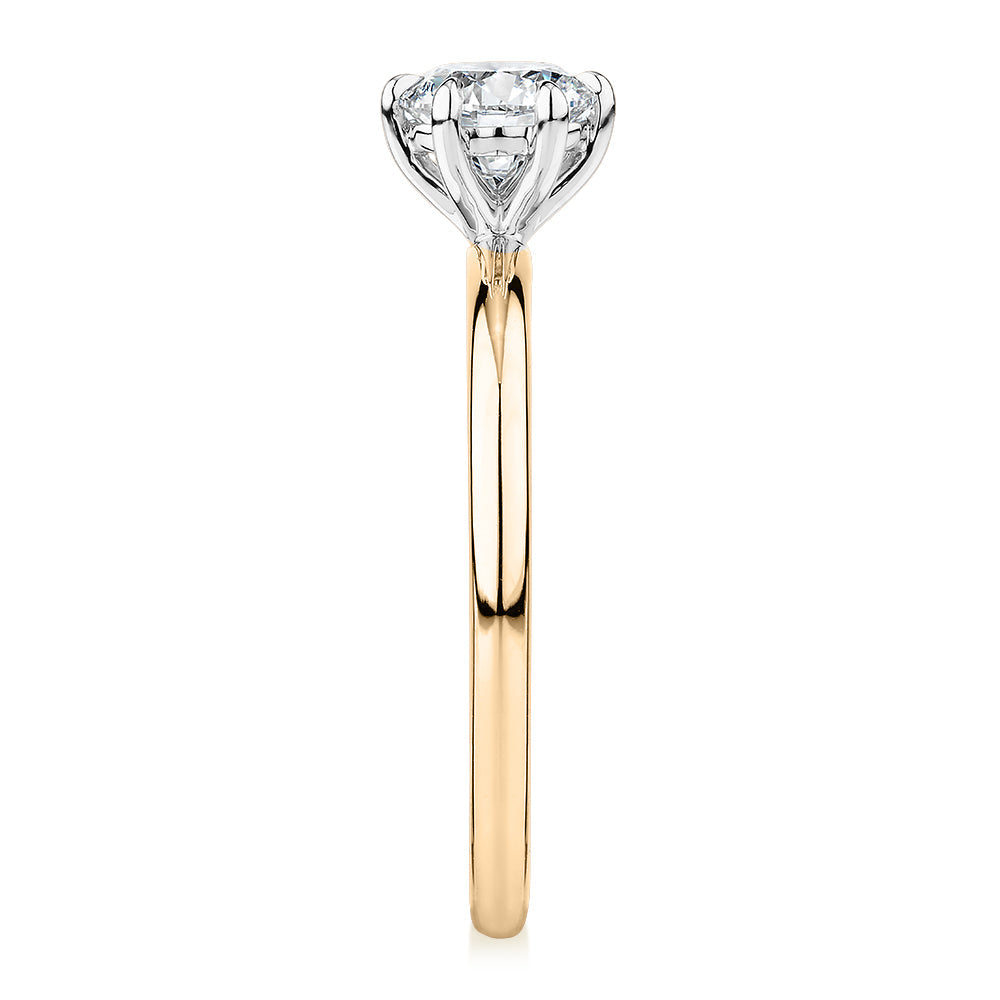 Premium Certified Laboratory Created Diamond, 0.70 carat round brilliant solitaire engagement ring in 14 carat yellow and white gold