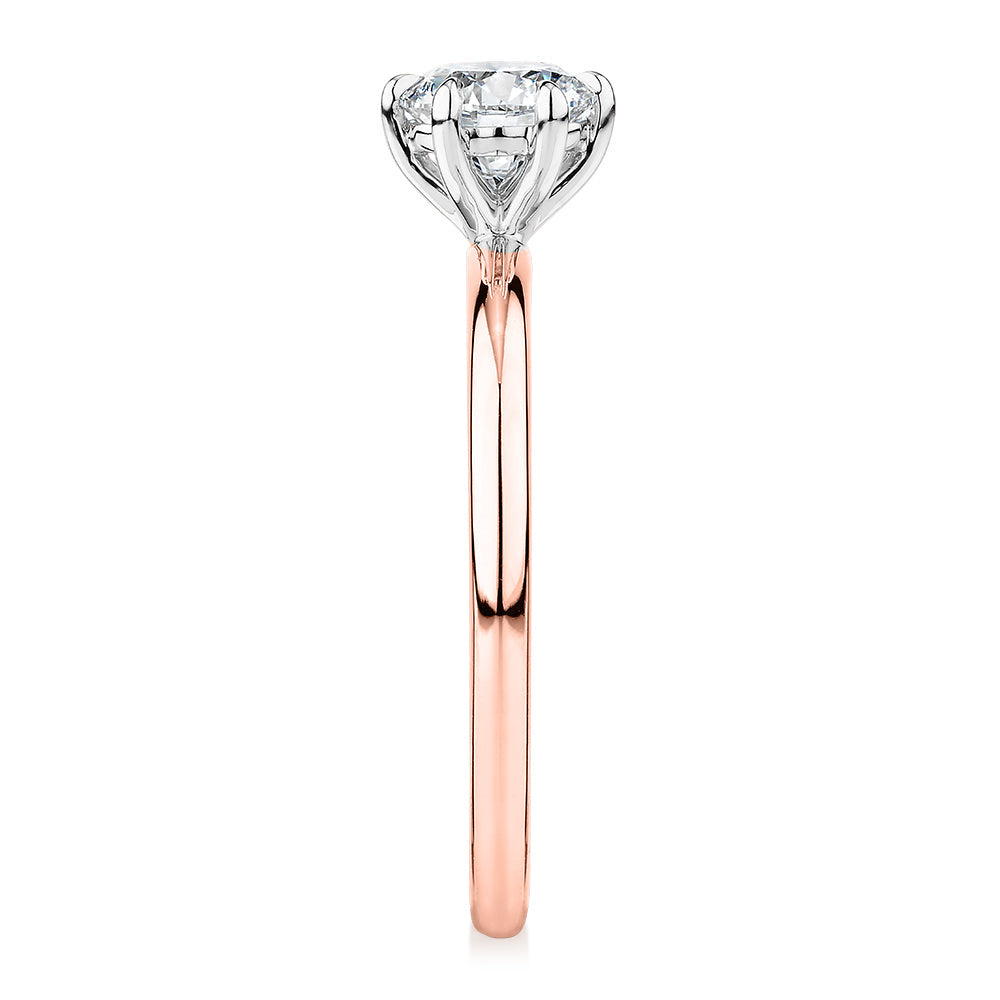 Signature Simulant Diamond 0.70 carat* round brilliant solitaire engagement ring in 14 carat rose and white gold