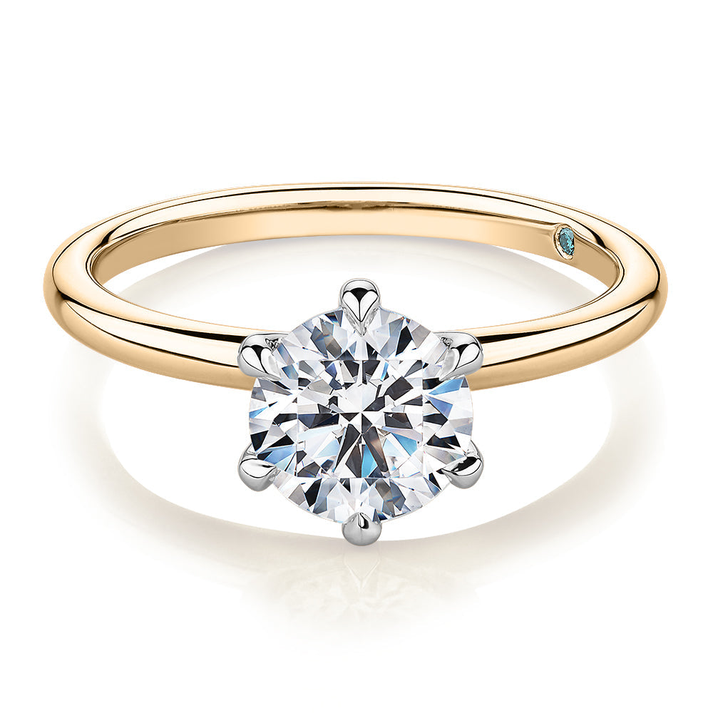 Premium Certified Laboratory Created Diamond, 1.50 carat round brilliant solitaire engagement ring in 18 carat yellow and white gold