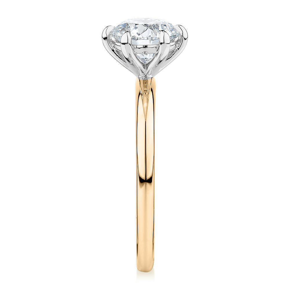 Premium Certified Laboratory Created Diamond, 1.50 carat round brilliant solitaire engagement ring in 18 carat yellow and white gold