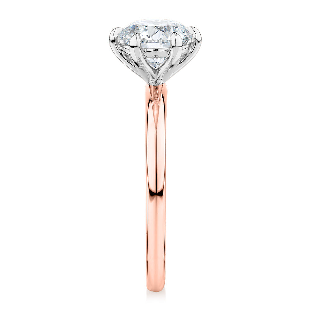 Premium Certified Laboratory Created Diamond, 1.50 carat round brilliant solitaire engagement ring in 18 carat rose and white gold