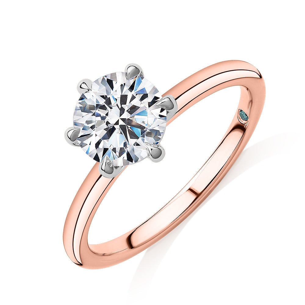 Premium Certified Laboratory Created Diamond, 1.50 carat round brilliant solitaire engagement ring in 18 carat rose and white gold