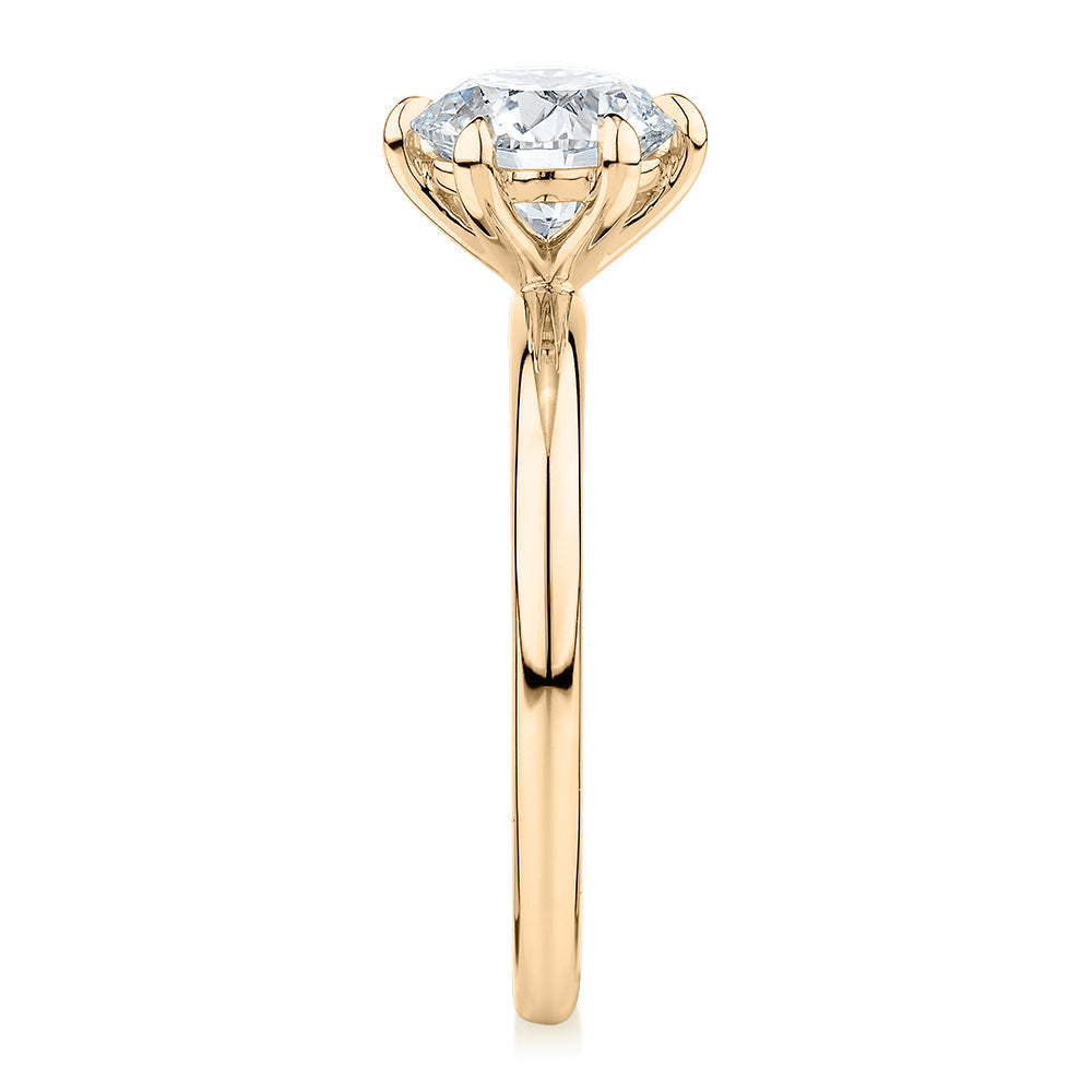 Premium Certified Laboratory Created Diamond, 1.50 carat round brilliant solitaire engagement ring in 18 carat yellow gold