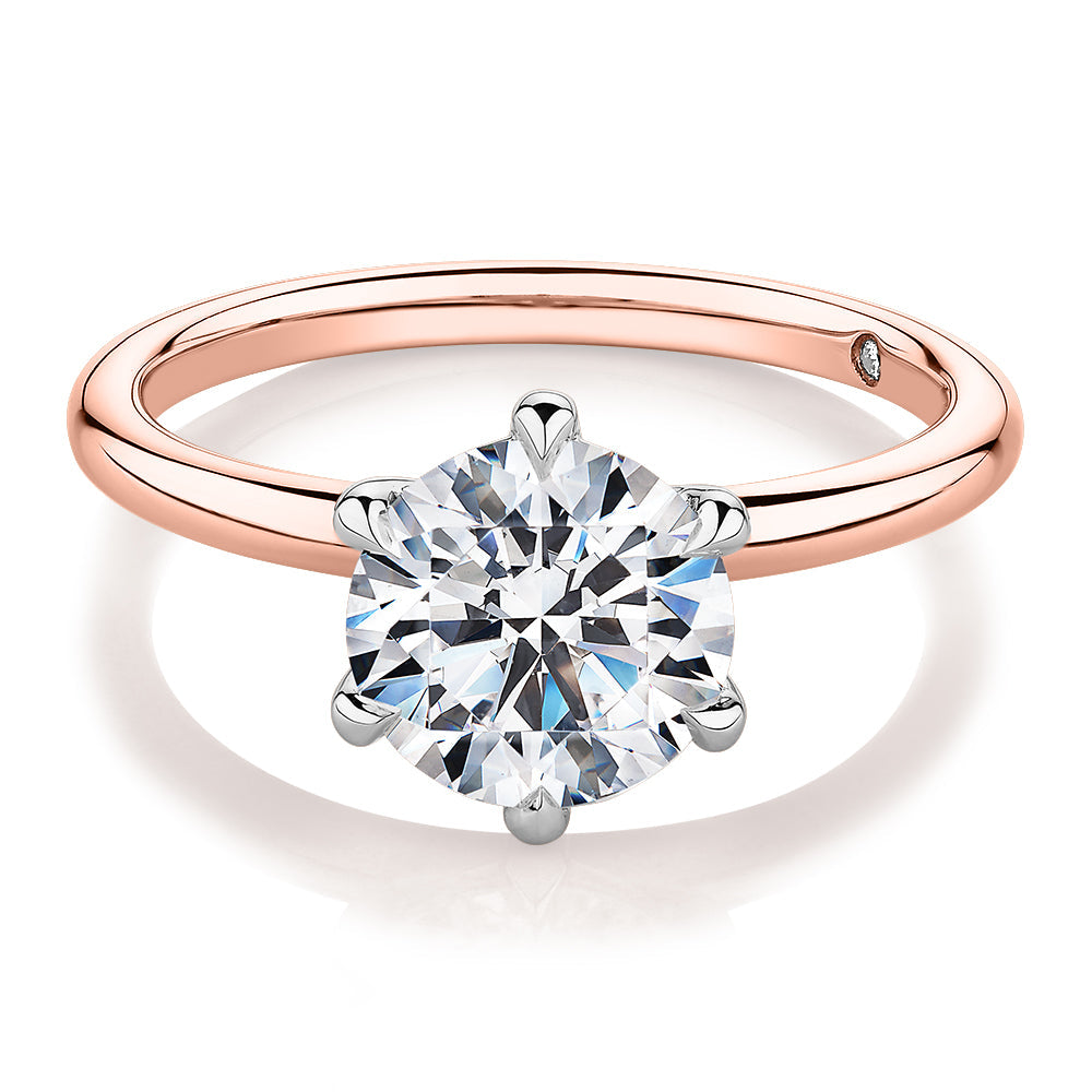 Signature Simulant Diamond 2.00 carat* round brilliant solitaire engagement ring in 10 carat rose and white gold