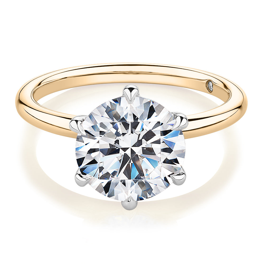 Signature Simulant Diamond 3.00 carat* round brilliant solitaire engagement ring in 10 carat yellow and white gold