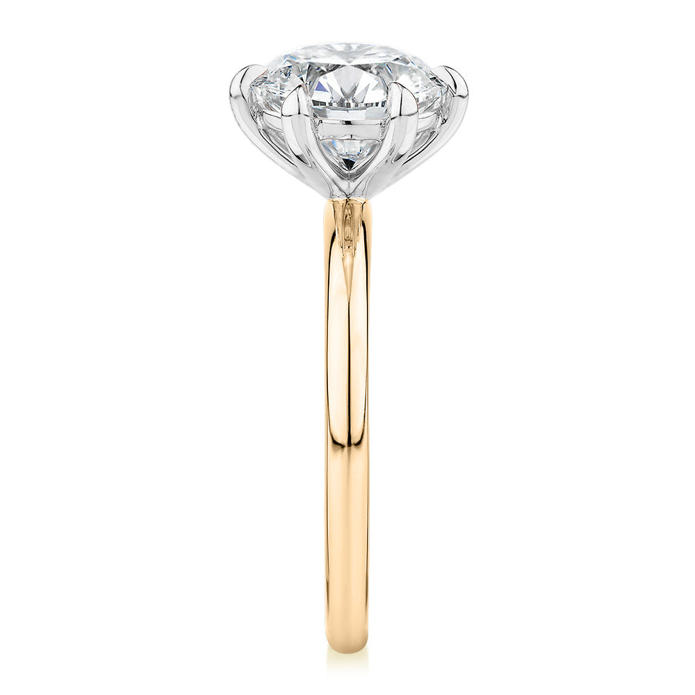 Signature Simulant Diamond 3.00 carat* round brilliant solitaire engagement ring in 10 carat yellow and white gold