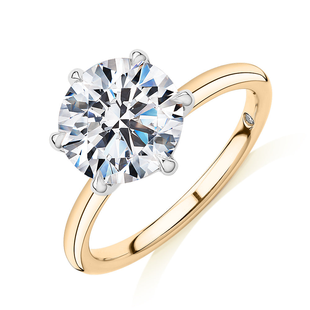 Signature Simulant Diamond 3.00 carat* round brilliant solitaire engagement ring in 10 carat yellow and white gold