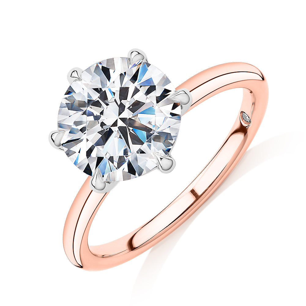 Signature Simulant Diamond 3.00 carat* round brilliant solitaire engagement ring in 10 carat rose and white gold