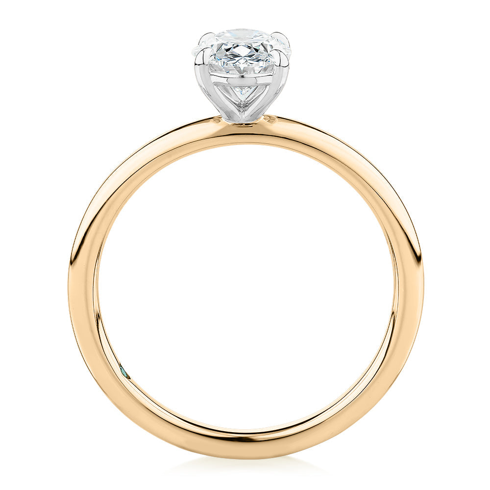 Premium Certified Laboratory Created Diamond, 1.00 carat oval solitaire engagement ring in 18 carat yellow and white gold