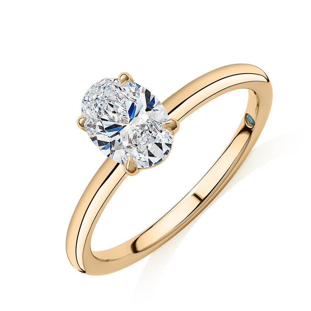 Premium Certified Laboratory Created Diamond, 1.00 carat oval solitaire engagement ring in 18 carat yellow gold