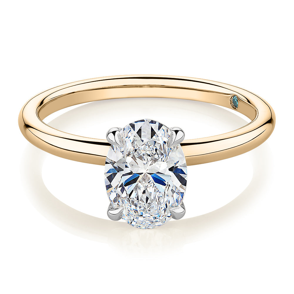 Premium Certified Laboratory Created Diamond, 1.50 carat oval solitaire engagement ring in 18 carat yellow and white gold
