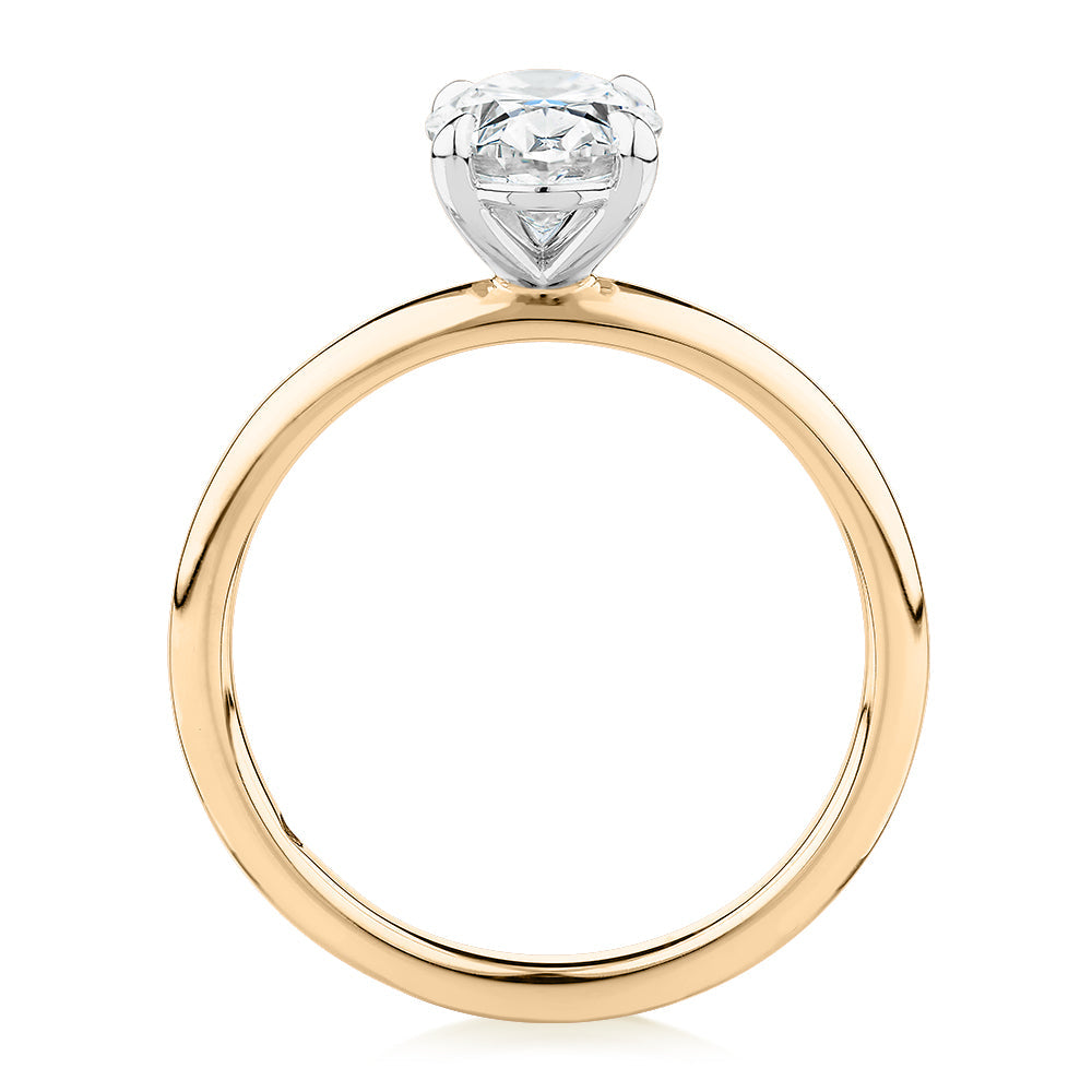Signature Simulant Diamond 1.50 carat* oval solitaire engagement ring in 10 carat yellow and white gold