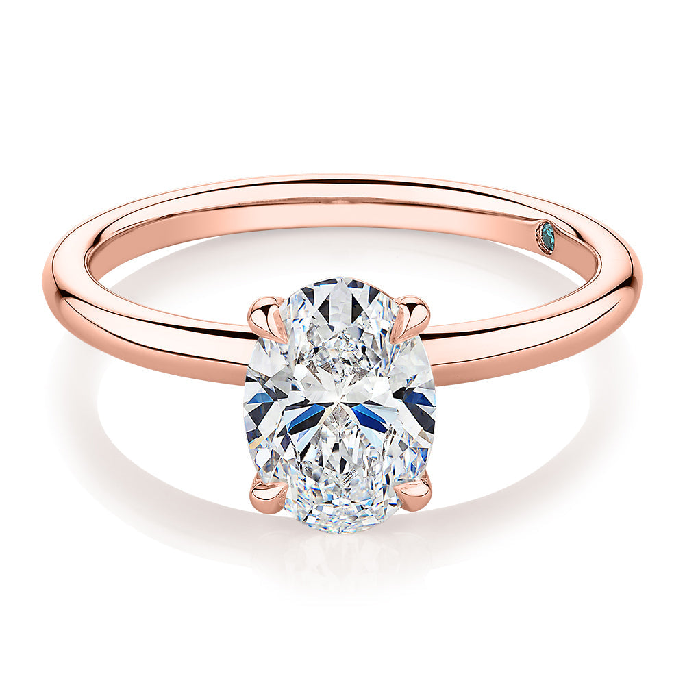 Premium Certified Laboratory Created Diamond, 1.50 carat oval solitaire engagement ring in 18 carat rose gold