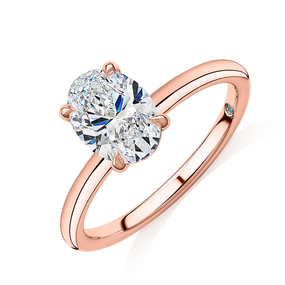 Premium Certified Laboratory Created Diamond, 1.50 carat oval solitaire engagement ring in 18 carat rose gold
