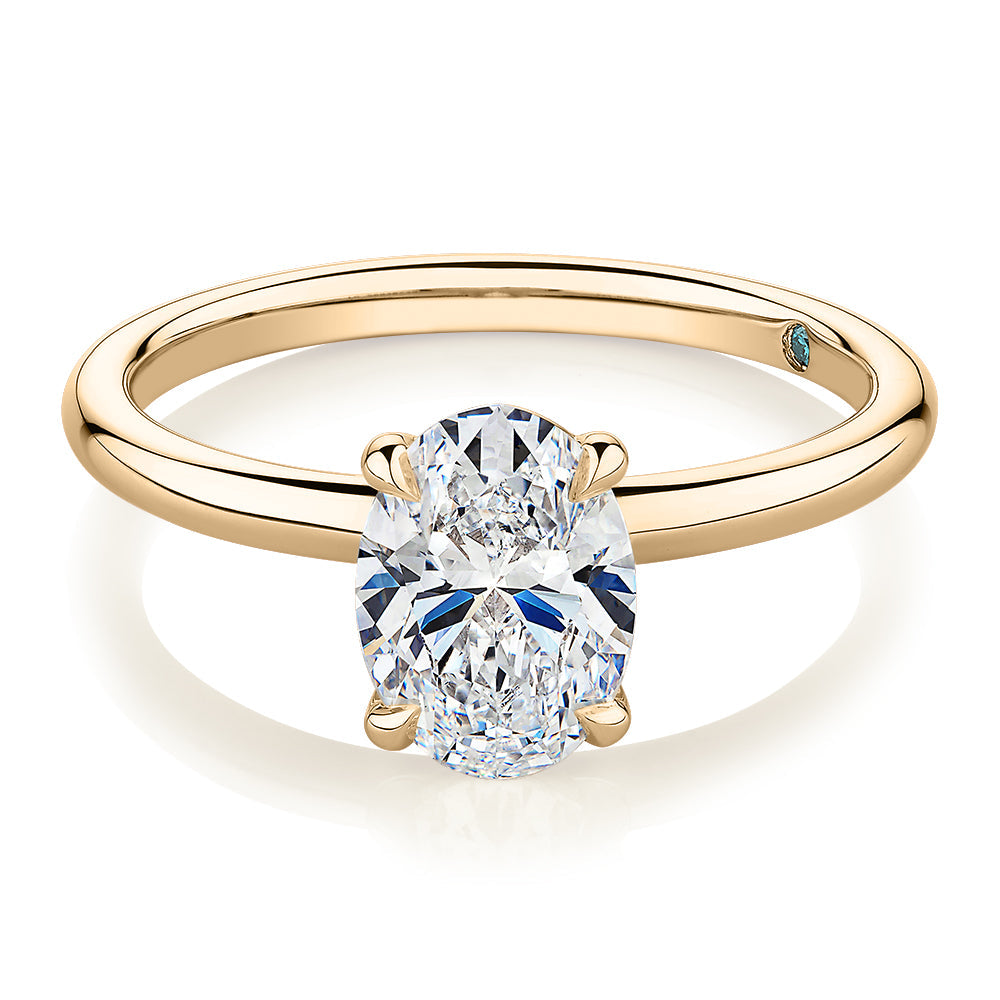 Premium Certified Laboratory Created Diamond, 1.50 carat oval solitaire engagement ring in 18 carat yellow gold