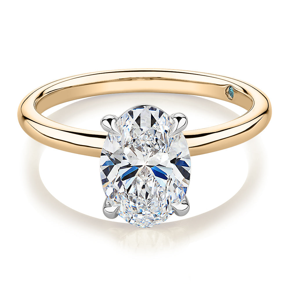 Premium Certified Laboratory Created Diamond, 2.00 carat oval solitaire engagement ring in 18 carat yellow and white gold