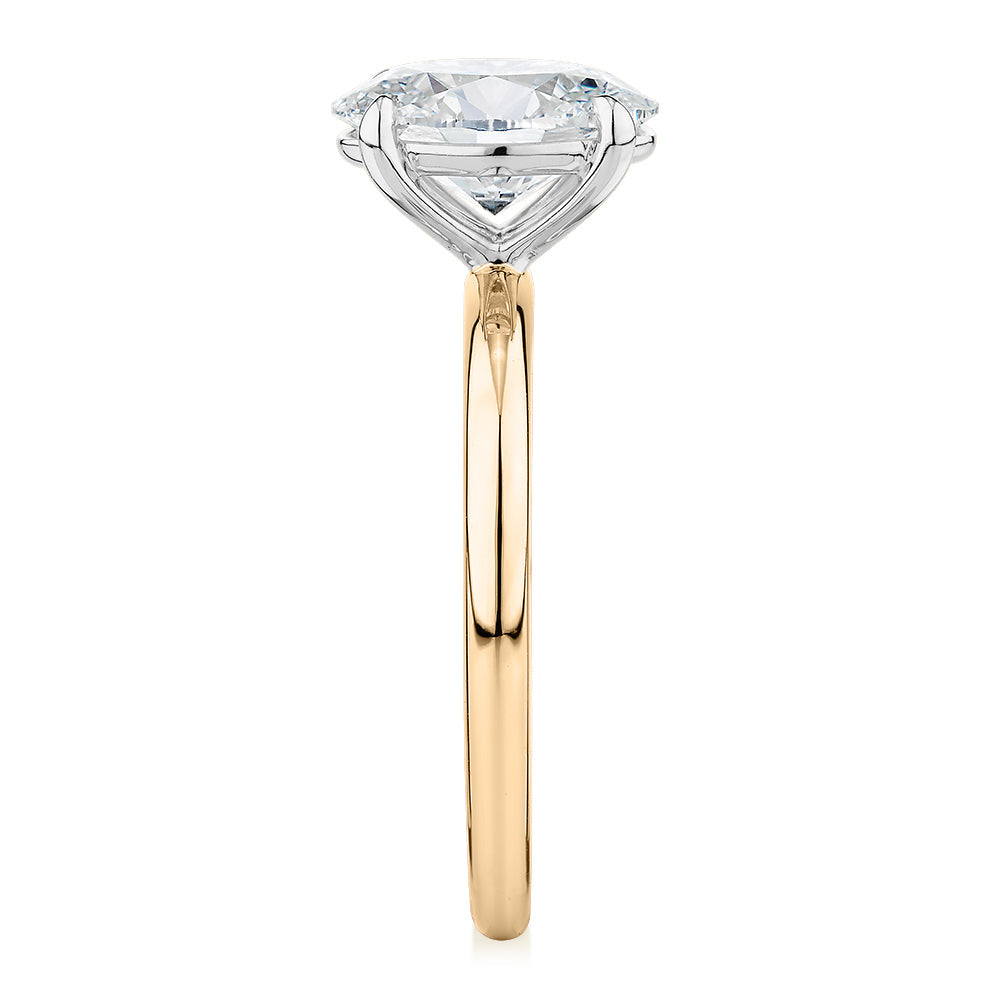 Premium Certified Laboratory Created Diamond, 2.00 carat oval solitaire engagement ring in 18 carat yellow and white gold