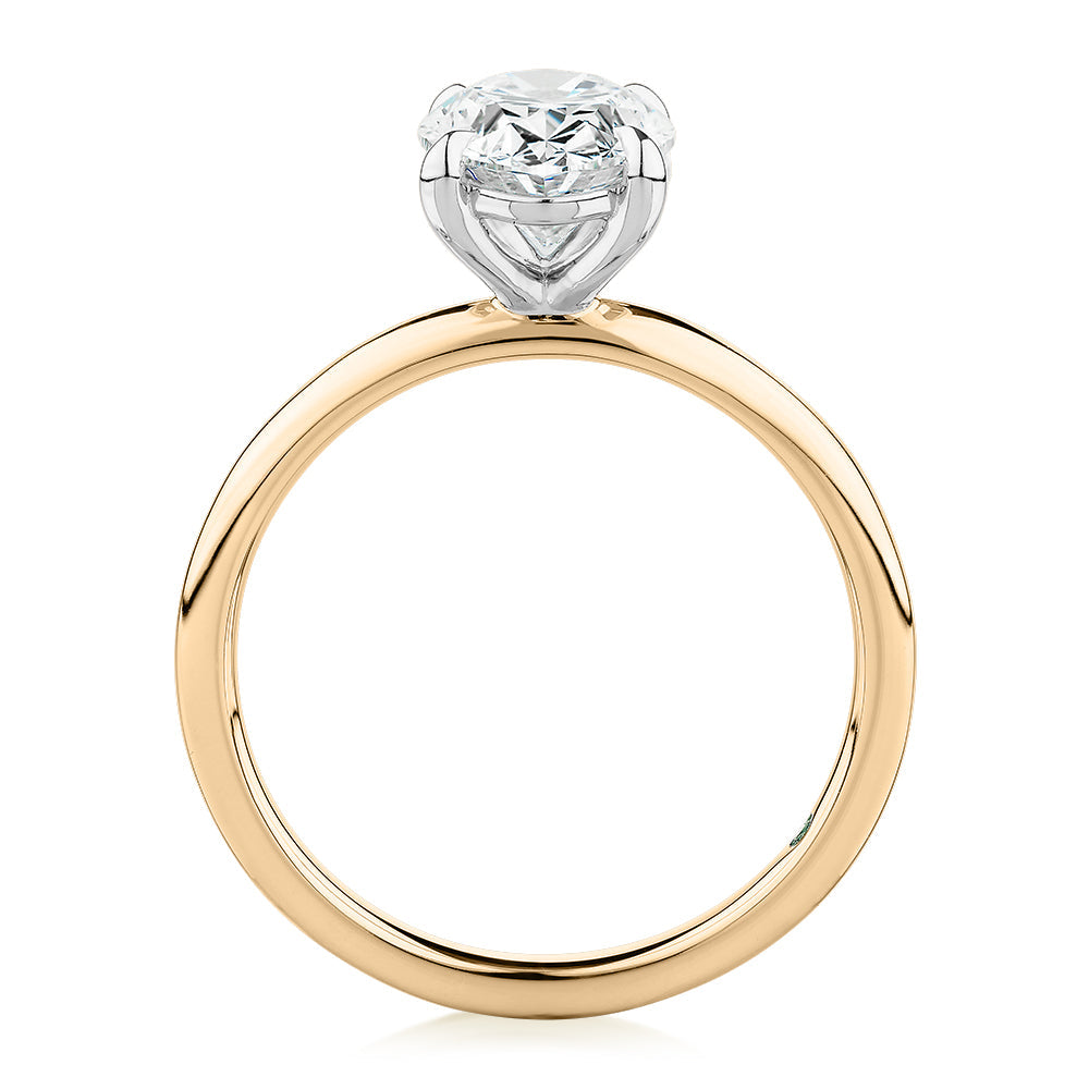Premium Certified Laboratory Created Diamond, 2.00 carat oval solitaire engagement ring in 18 carat yellow and white gold