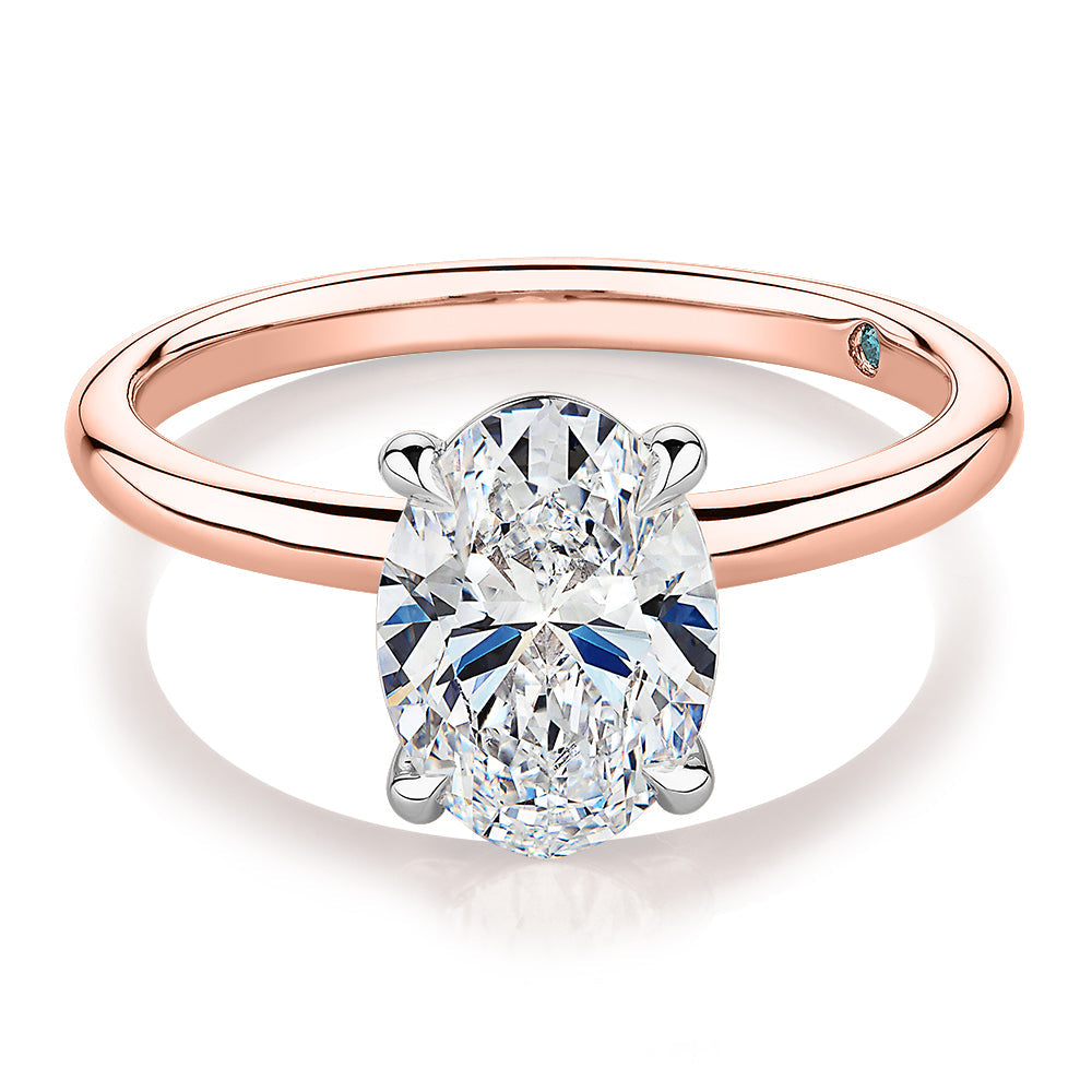 Premium Certified Lab-Grown Diamond, 2.00 carat oval solitaire engagement ring in 14 carat rose and white gold
