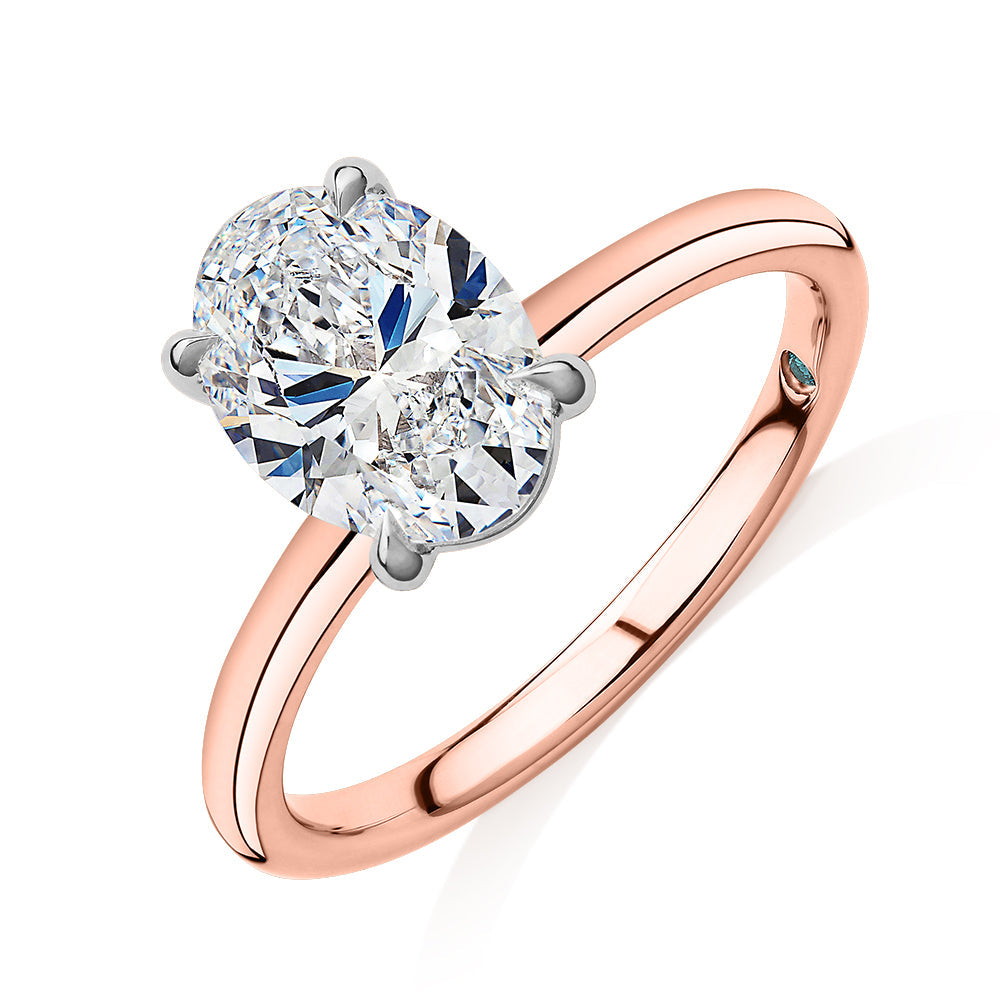 Premium Certified Laboratory Created Diamond, 2.00 carat oval solitaire engagement ring in 18 carat rose and white gold