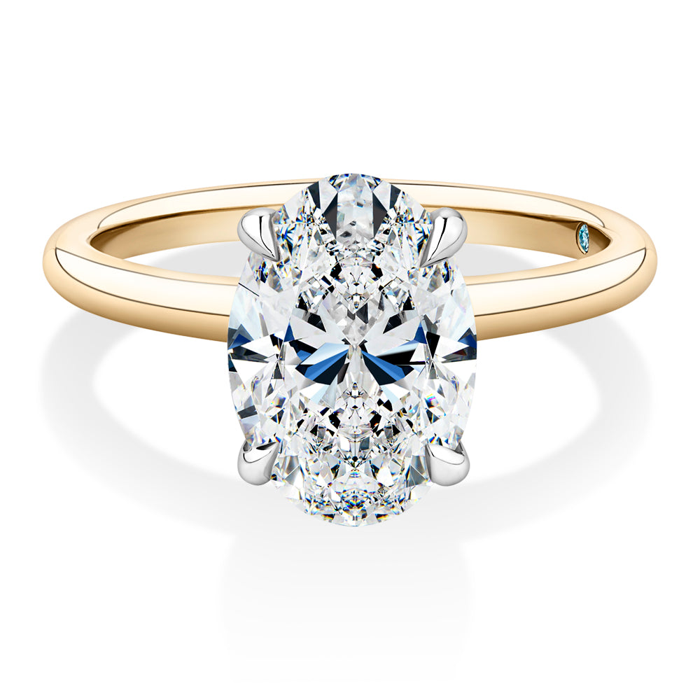 Certified Lab-Grown Diamond, 3 carat oval solitaire engagement ring in 14 carat yellow and white gold