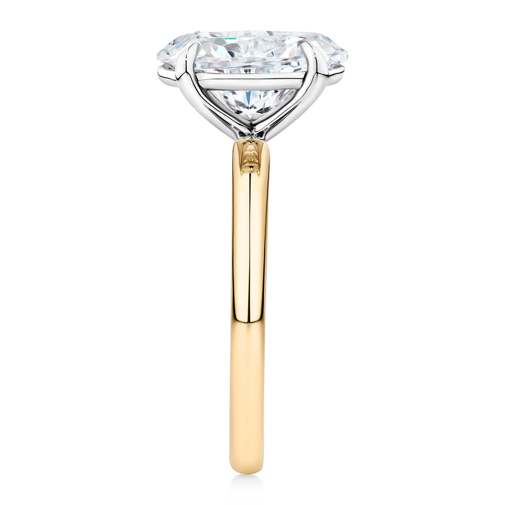 Certified Lab-Grown Diamond, 3 carat oval solitaire engagement ring in 14 carat yellow and white gold