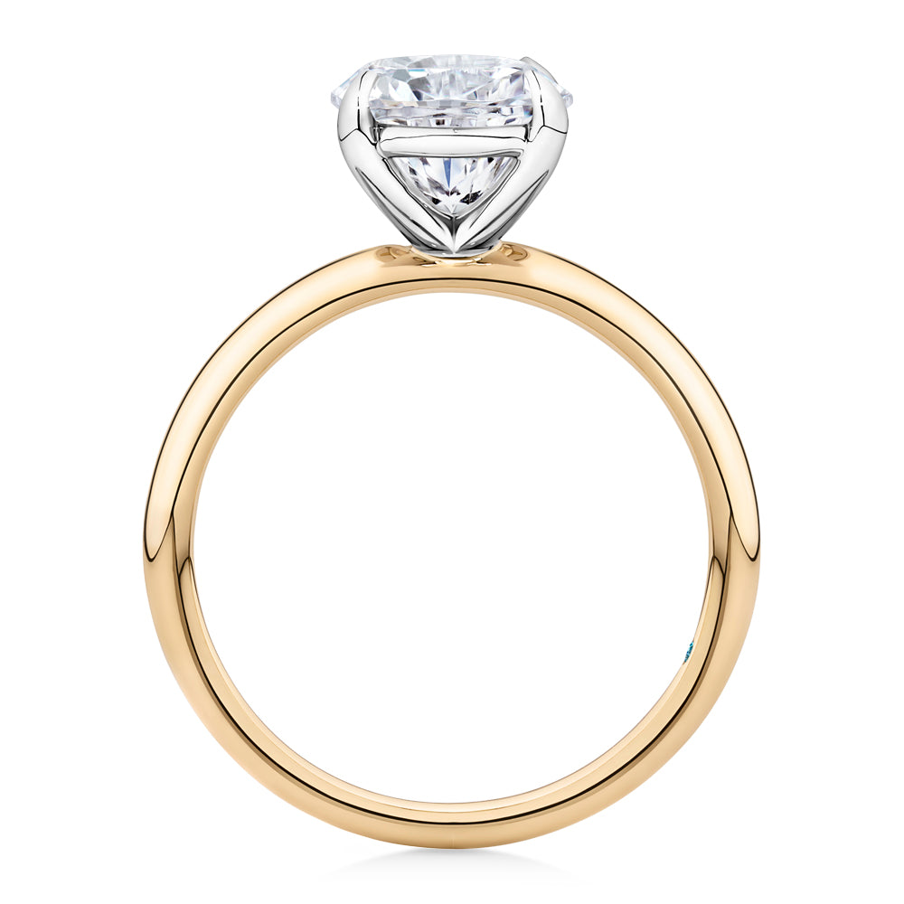 Certified Lab-Grown Diamond, 3 carat oval solitaire engagement ring in 14 carat yellow and white gold