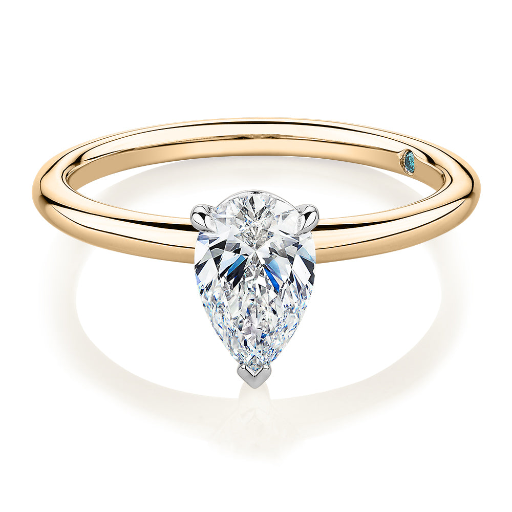 Premium Certified Laboratory Created Diamond, 1.00 carat pear solitaire engagement ring in 18 carat yellow and white gold