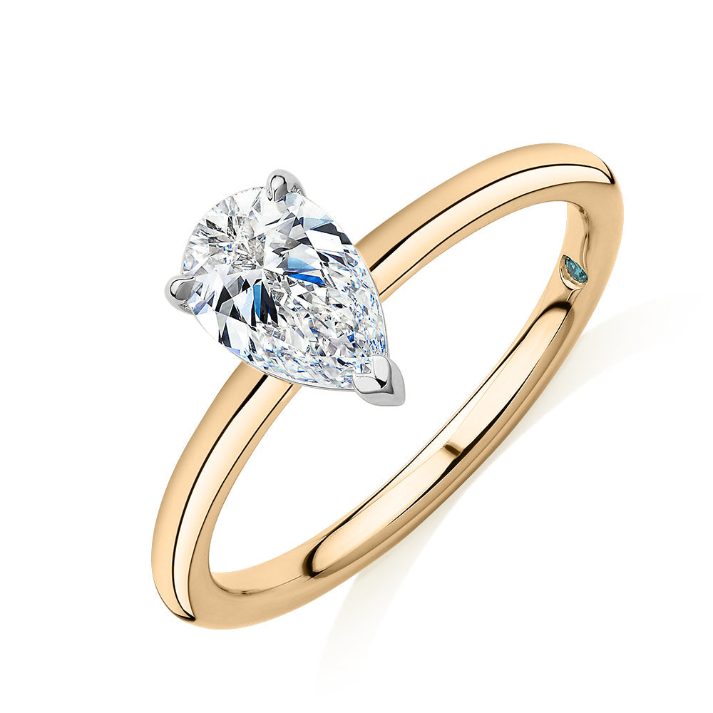 Premium Certified Laboratory Created Diamond, 1.00 carat pear solitaire engagement ring in 18 carat yellow and white gold