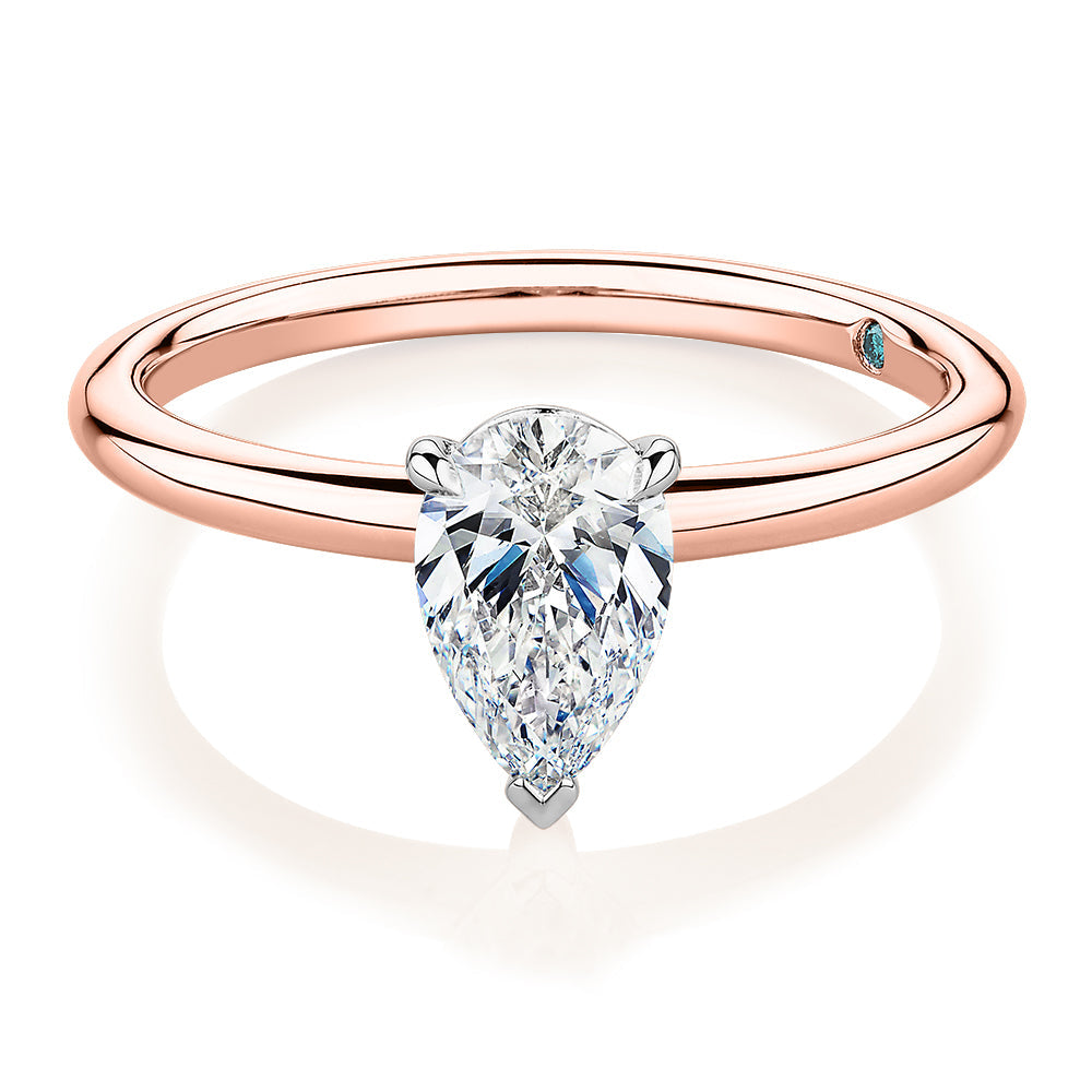 Premium Certified Lab-Grown Diamond, 1.00 carat pear solitaire engagement ring in 14 carat rose and white gold