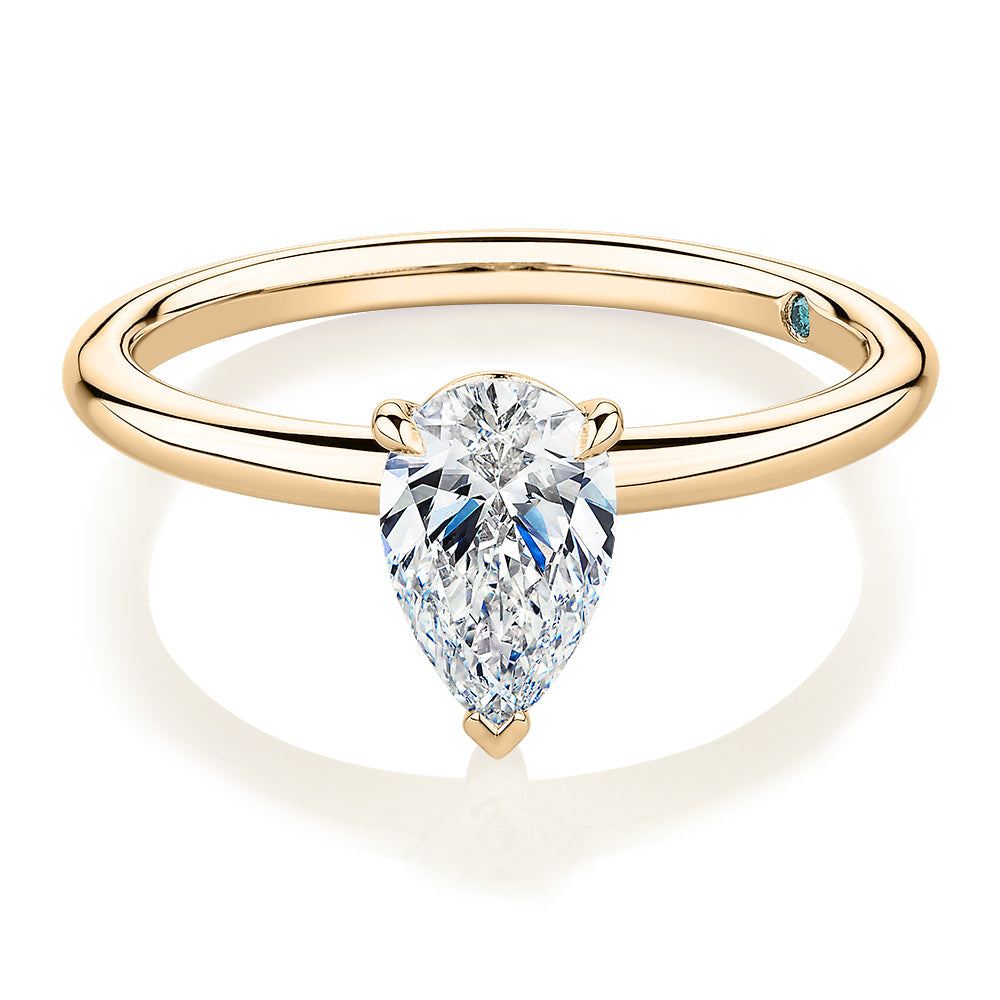 Premium Certified Laboratory Created Diamond, 1.00 carat pear solitaire engagement ring in 18 carat yellow gold