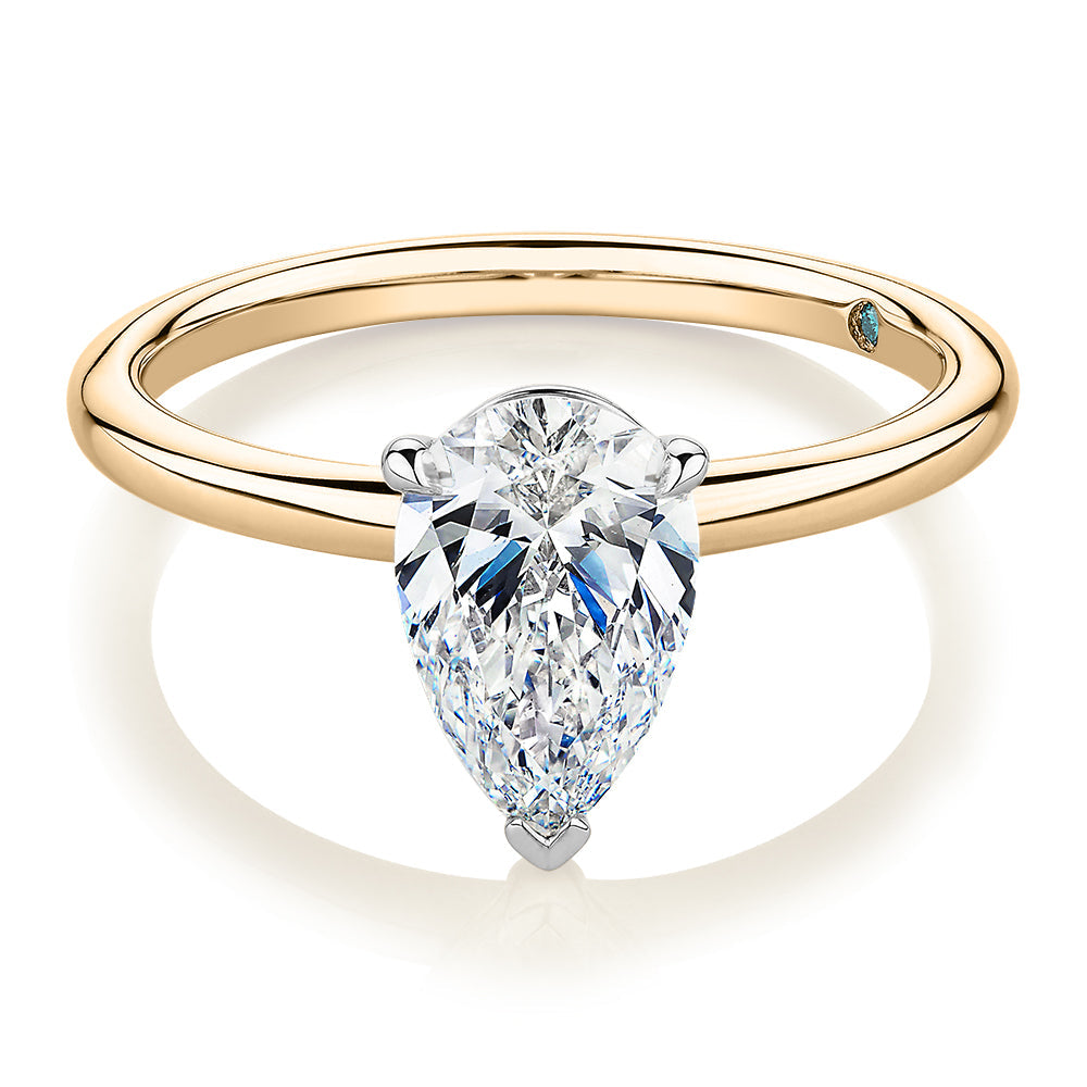 Premium Certified Lab-Grown Diamond, 1.50 carat pear solitaire engagement ring in 14 carat yellow and white gold