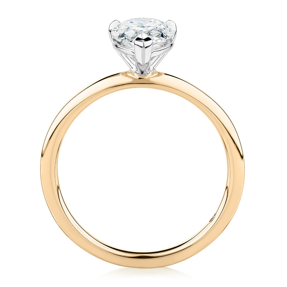 Premium Certified Lab-Grown Diamond, 1.50 carat pear solitaire engagement ring in 14 carat yellow and white gold