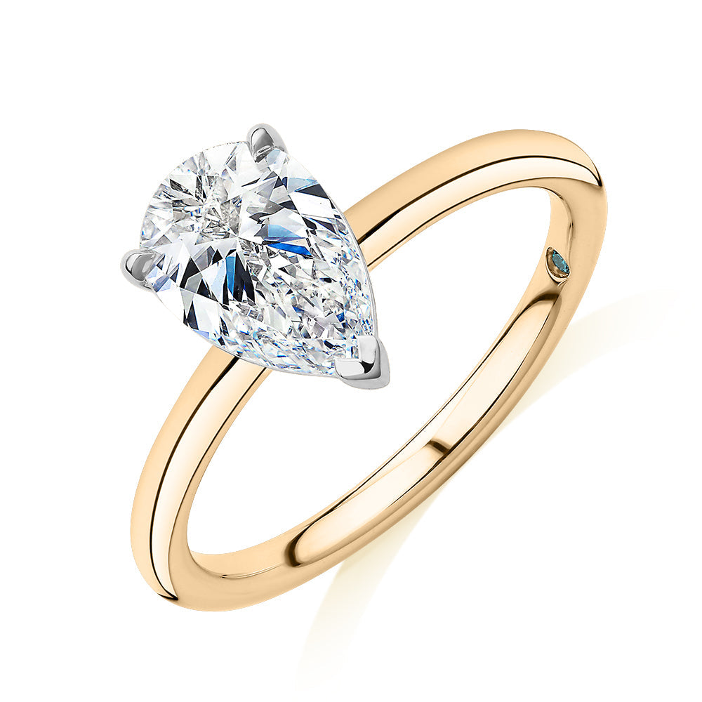 Premium Certified Laboratory Created Diamond, 1.50 carat pear solitaire engagement ring in 18 carat yellow and white gold