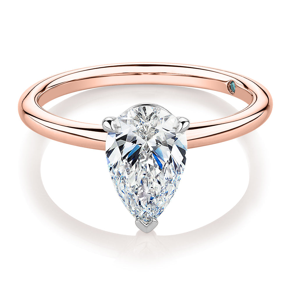 Premium Certified Lab-Grown Diamond, 1.50 carat pear solitaire engagement ring in 14 carat rose and white gold