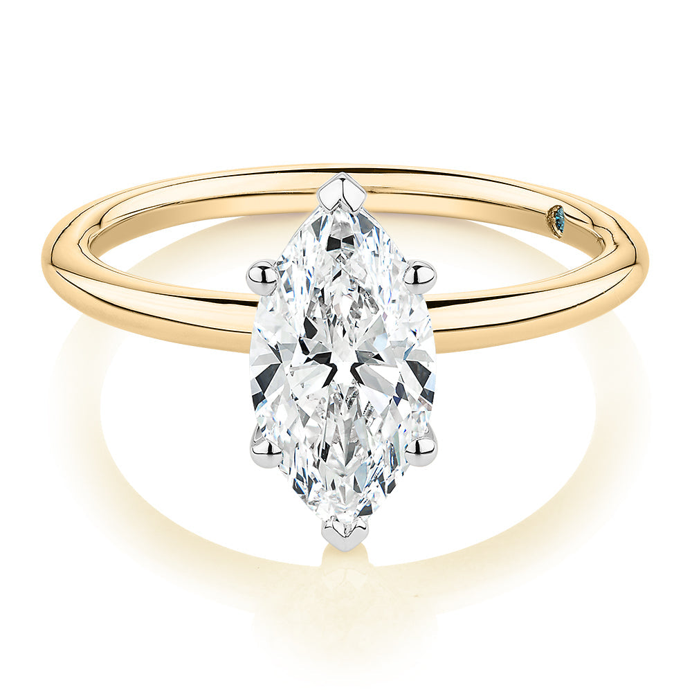 Premium Certified Lab-Grown Diamond, 1.50 carat marquise solitaire engagement ring in 14 carat yellow and white gold