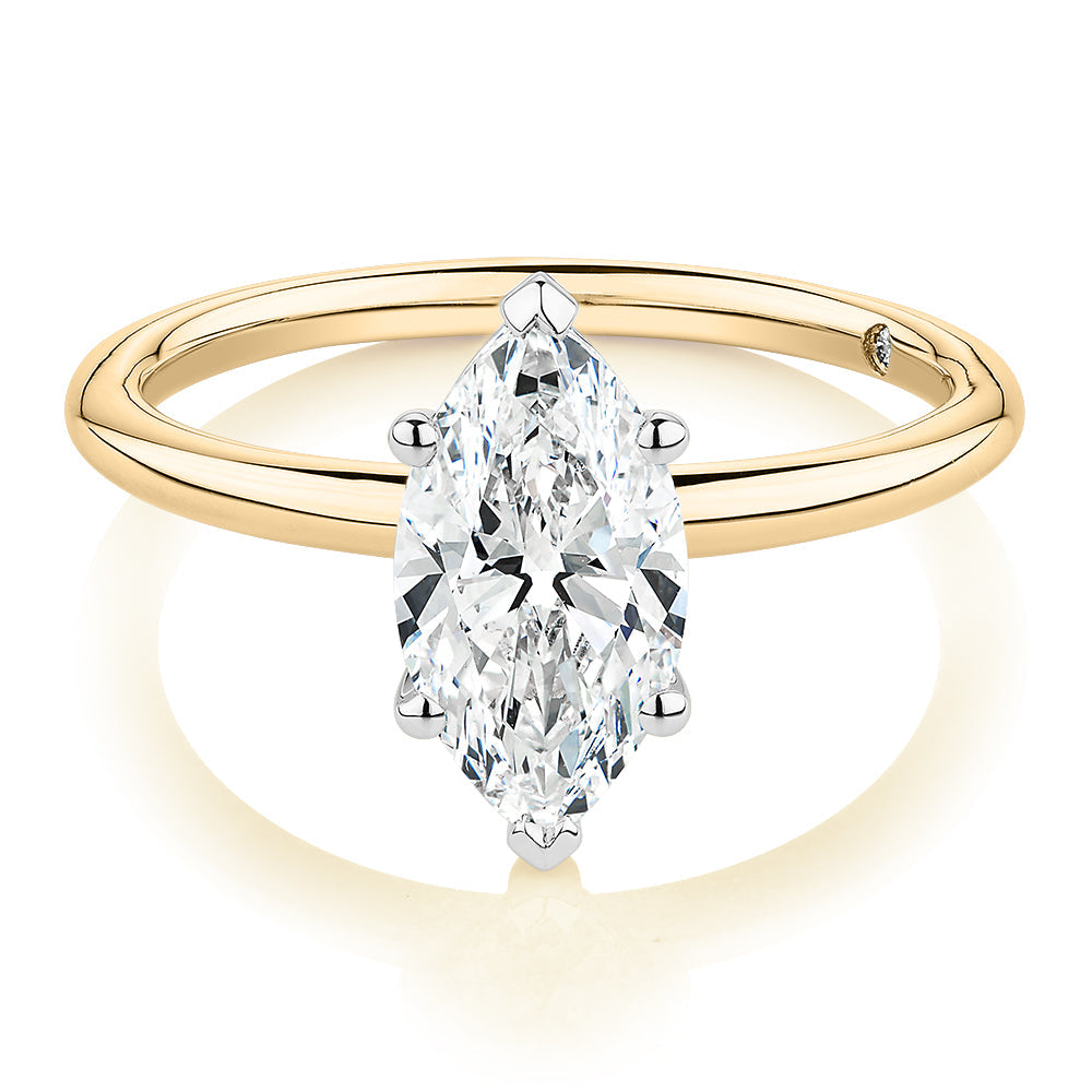 Signature Simulant Diamond 1.50 carat* marquise solitaire engagement ring in 10 carat yellow and white gold