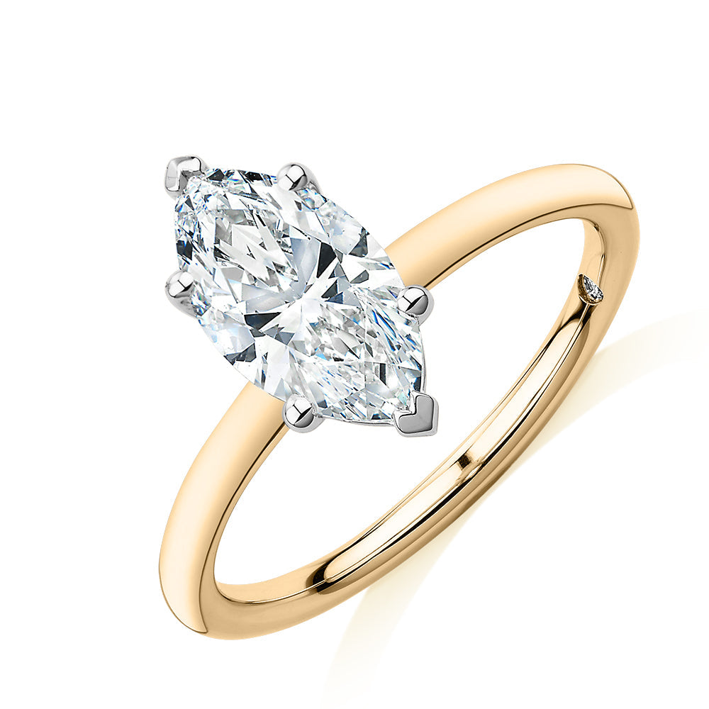 Signature Simulant Diamond 1.50 carat* marquise solitaire engagement ring in 10 carat yellow and white gold