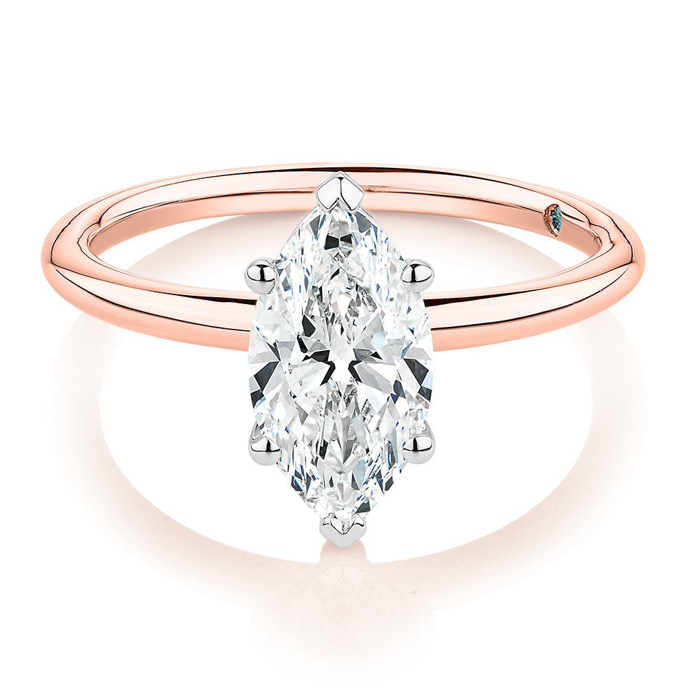 Premium Certified Lab-Grown Diamond, 1.50 carat marquise solitaire engagement ring in 14 carat rose and white gold